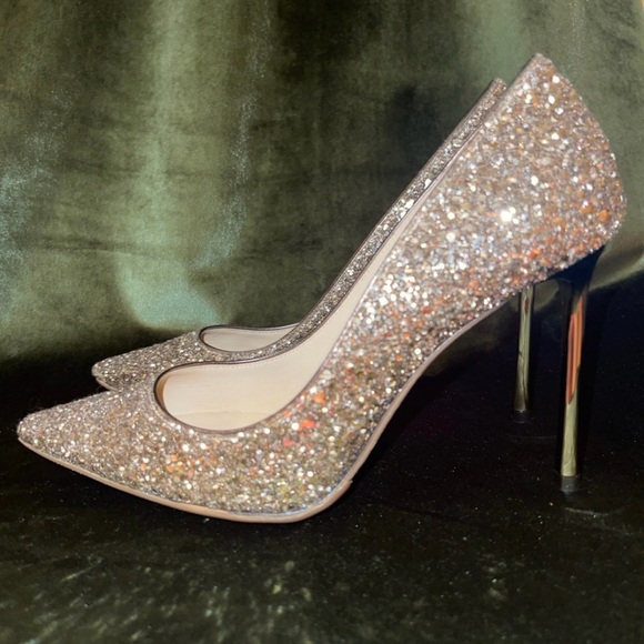 Jimmy Choo-Champagne Coarse Glitter Fabric Pointy Toe Pumps “Romy 85” - Picture 2 of 5